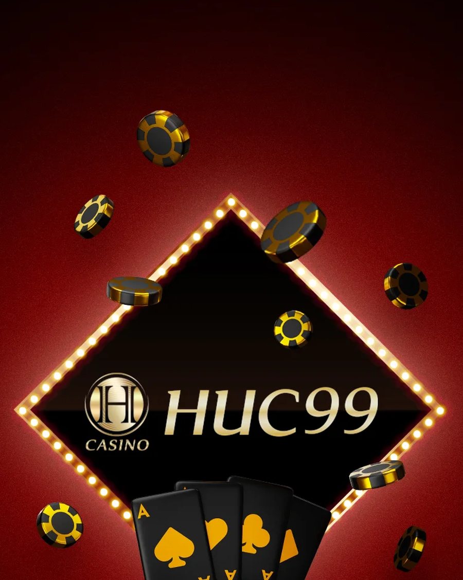 โลโก้ HUC99 กรอบเพชรสีทองพร้อมไพ่และชิปคาสิโน
